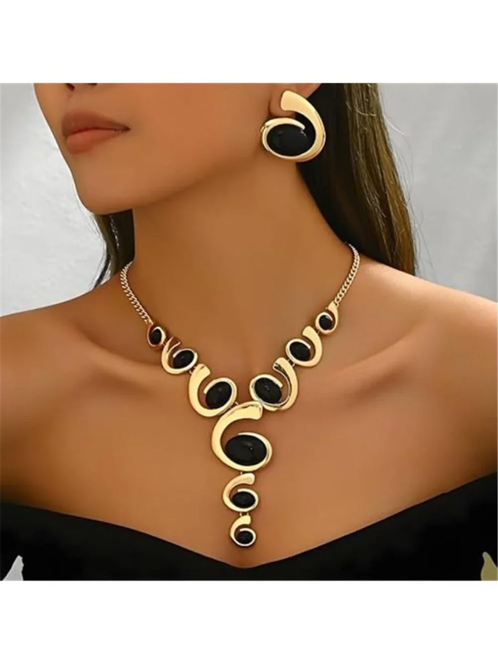 Women's Gold Jewelry Set Black Boho Western Chunky Vintage Pendant Necklace